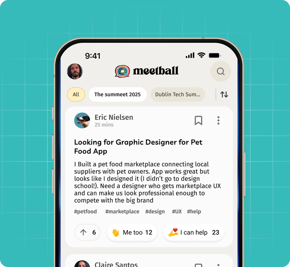 Mobile app screen showing a post by Eric Nielsen looking for a graphic designer for a pet food app, with tags and reaction buttons.