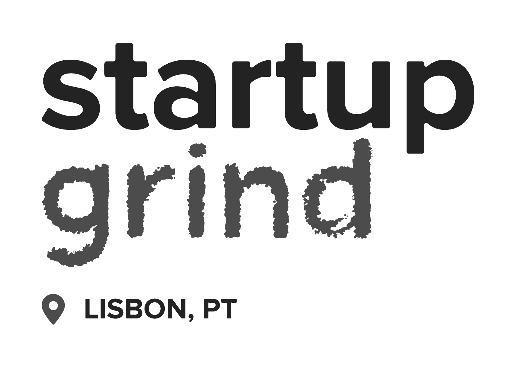 Startup Grind logo with location marker and text Lisbon, PT beneath it.