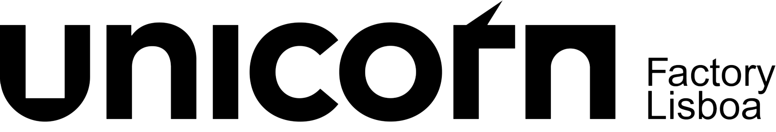 Logo with bold black text 'unicorn' and smaller text 'Factory Lisboa' to the right.