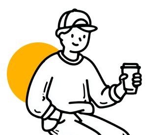 Illustration of a smiling person wearing a cap and holding a disposable coffee cup with a yellow circle background.