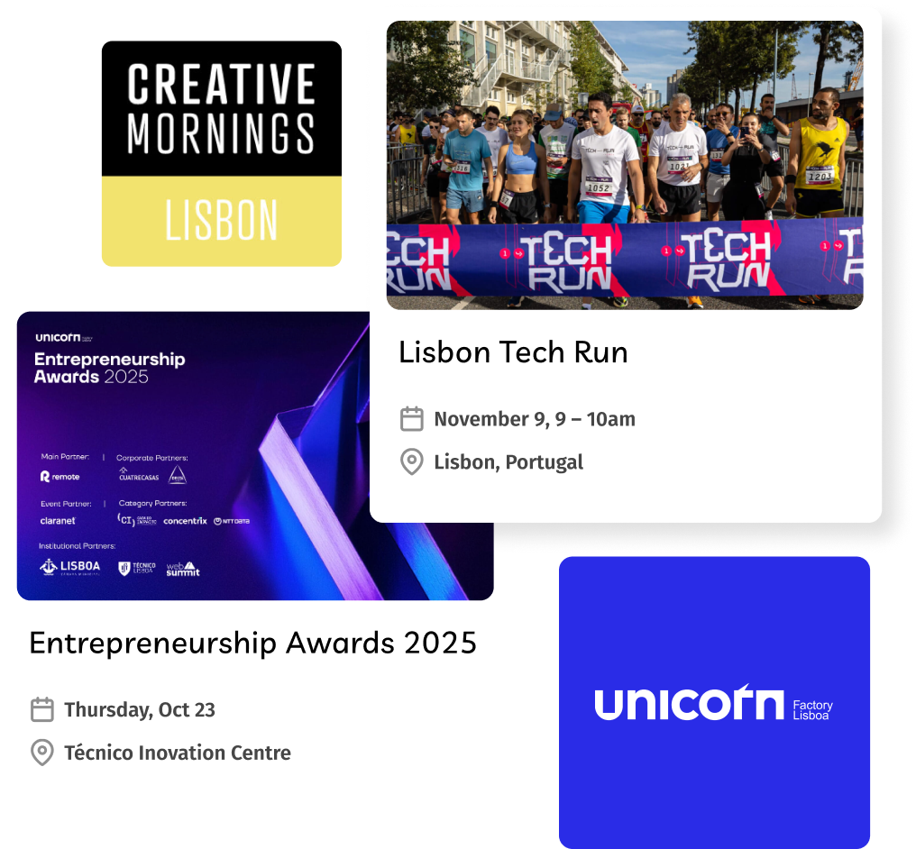 Creative Mornings Lisbon logo, photo of runners at the start line of Lisbon Tech Run, Entrepreneurship Awards 2025 event banner, and unicorn Factory Lisboa logo.