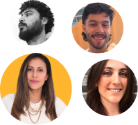 Four circular profile photos: top left shows a black-and-white side profile of a man with a beard; top right is a smiling man with short hair and a trimmed beard on an orange background; bottom left features a woman with long brown hair wearing layered necklaces on an orange background; bottom right is a woman with long brown hair smiling in natural light.