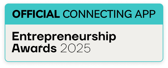 Badge with text 'OFFICIAL CONNECTING APP Entrepreneurship Awards 2025' on teal and white background.