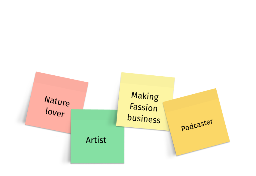 Four colorful sticky notes on a black grid background with texts: 'Nature lover,' 'Artist,' 'Making Passion business,' and 'Podcaster.'