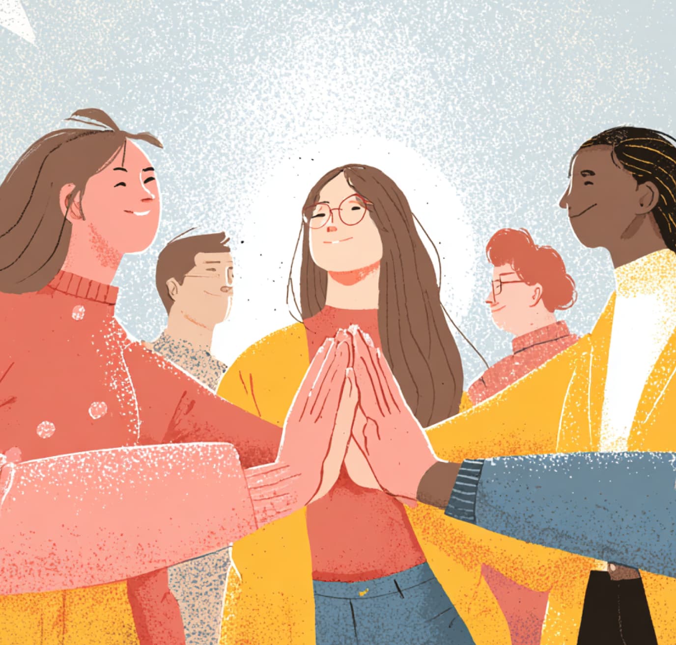 Illustration of five diverse people smiling and giving a group high-five in a supportive and friendly gesture.