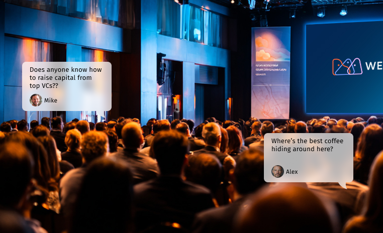 Audience seated in a conference room with two speech bubbles: one asks about raising capital from VCs by Mike, the other asks about nearby coffee by Alex.