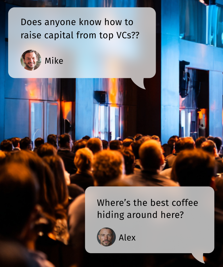 Audience attending an indoor event with chat bubbles showing questions from Mike and Alex about raising capital from VCs and finding coffee nearby.