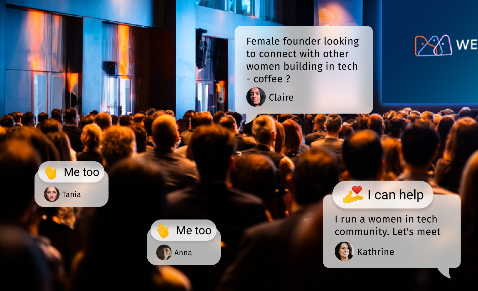 Crowd at a conference with chat bubbles showing female founders Claire, Tania, Anna, and Kathrine discussing connecting and supporting women in tech.