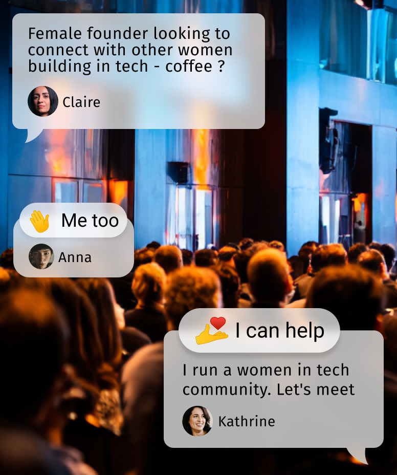 Conference audience with chat bubbles overlay showing women connecting in tech: Claire asks about connecting for coffee, Anna responds, and Kathrine offers help running a women in tech community.