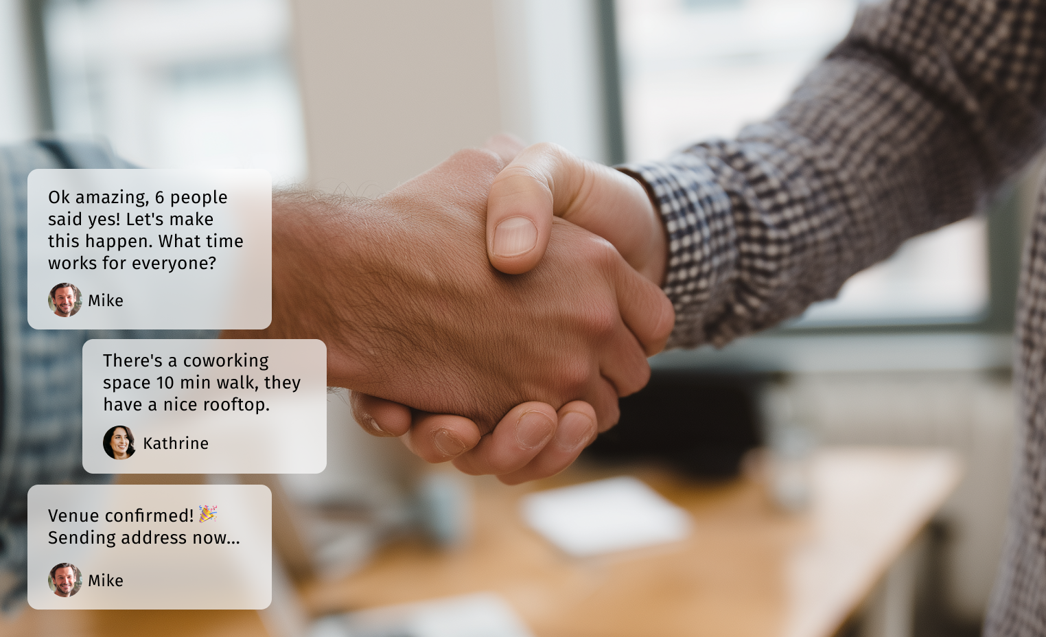 Two people shaking hands in an office setting with overlaid chat messages discussing event planning and venue confirmation.