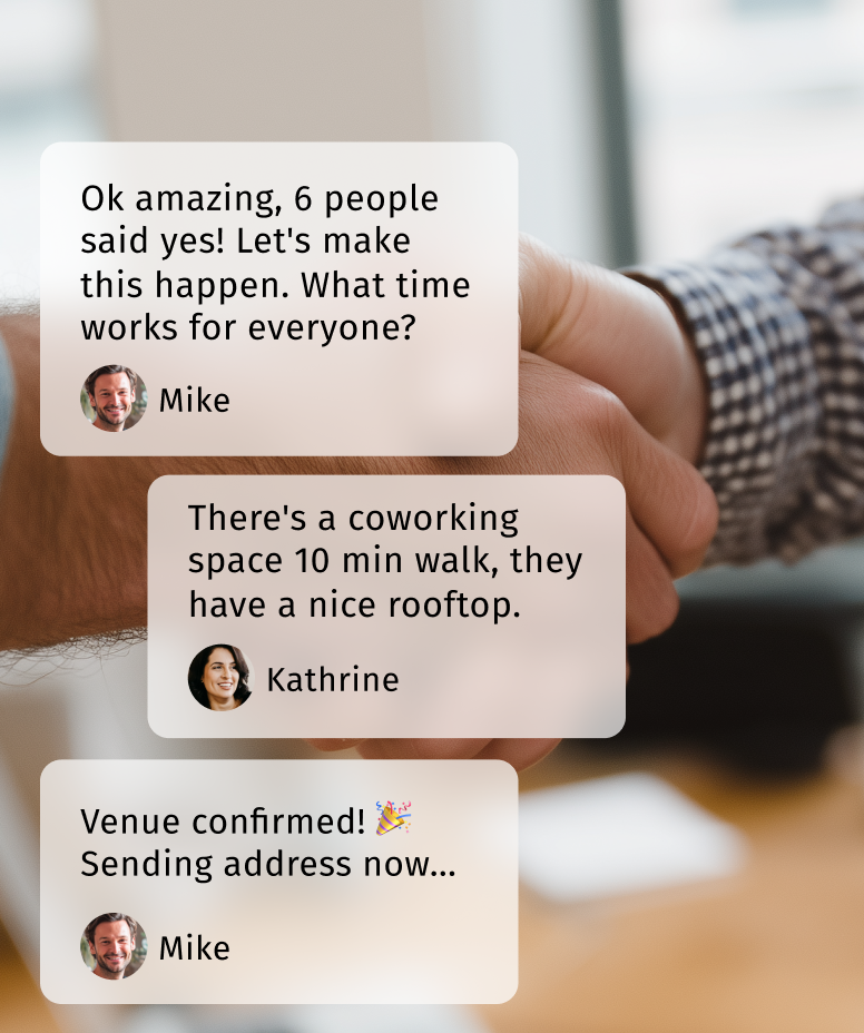Chat bubbles with messages about organizing a meeting, over a background of two people shaking hands.